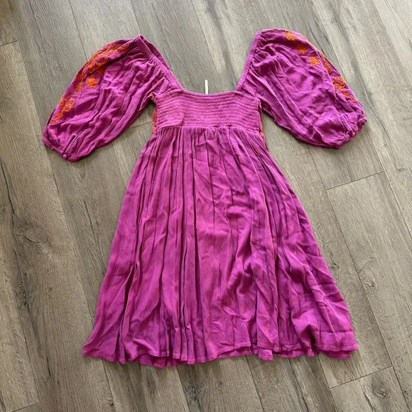 Free People Vibrant Purple & Orange Puffy Sleeve Princess Dress Cottagecore - Picture 3 of 3